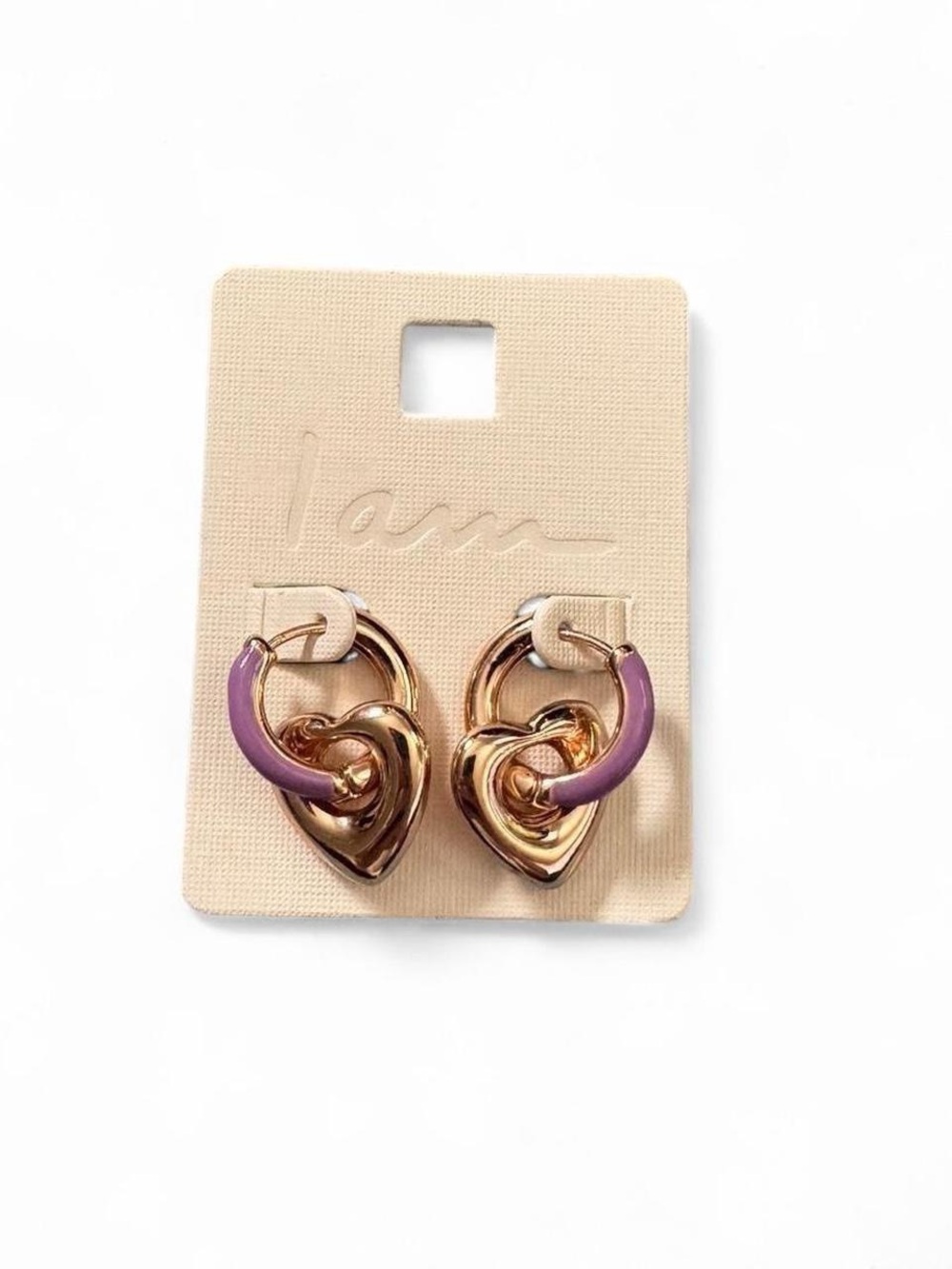 Gold Heart Drop Earrings with Purple Accent